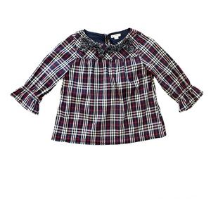 Crewcuts navy and red plaid 3/4 ruffle sleeve pom pom top size 8